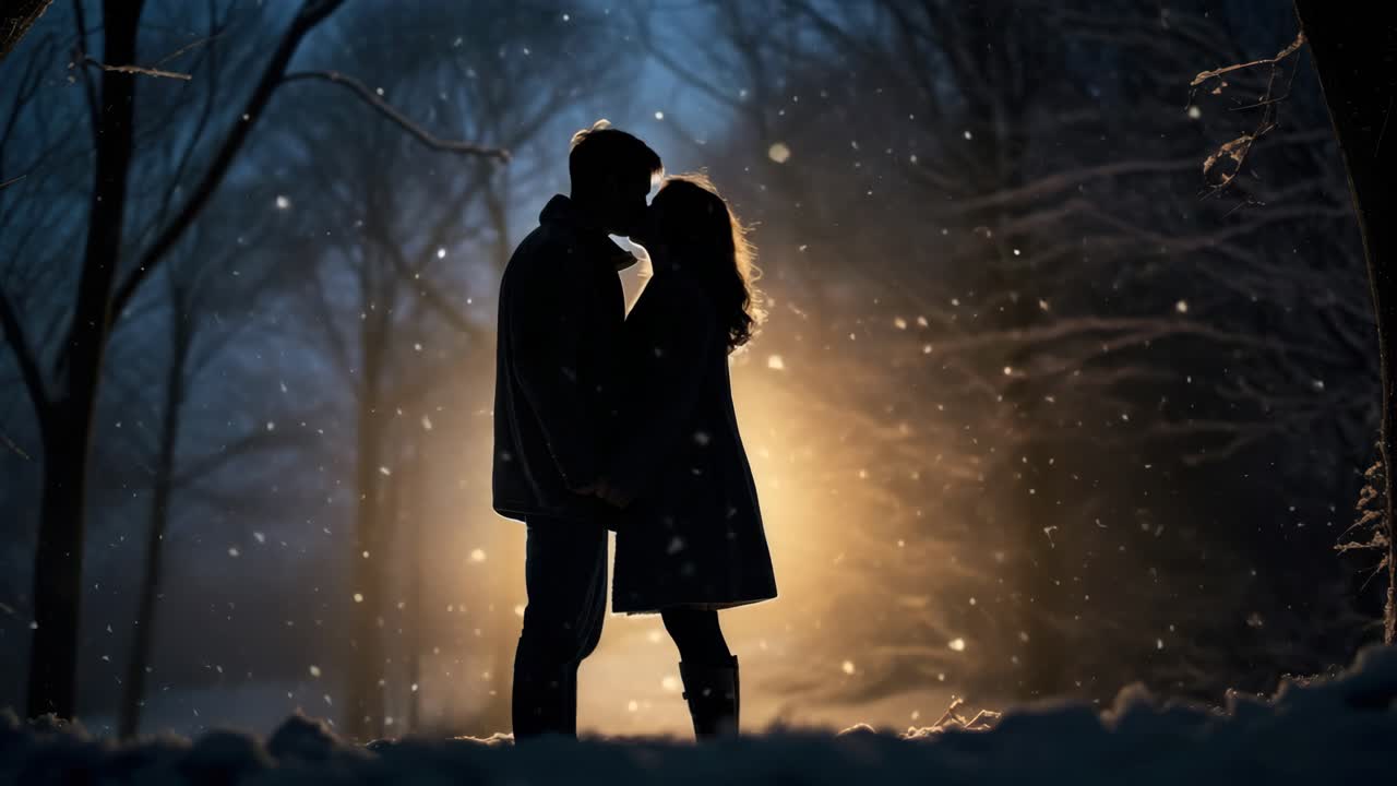 Silhouetted couple in a snowy forest, backlit by warm light