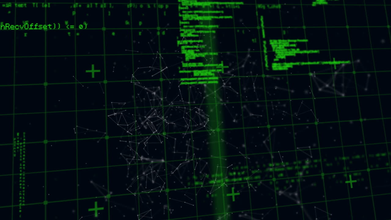 Animation of data processing and network of connections over grid