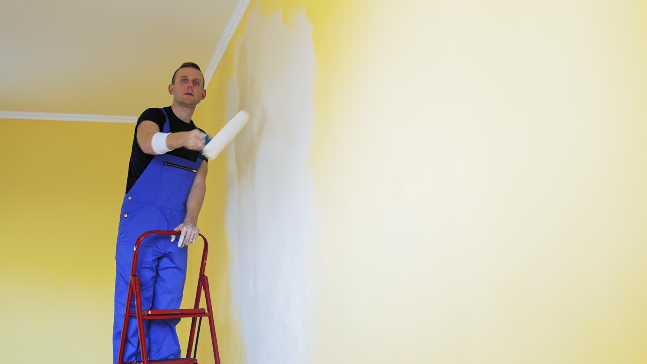 Concentrated male worker is painting room. Handsome man in work overalls stands on a ladder and painting wall with a roller white paint. Renovation in flat.