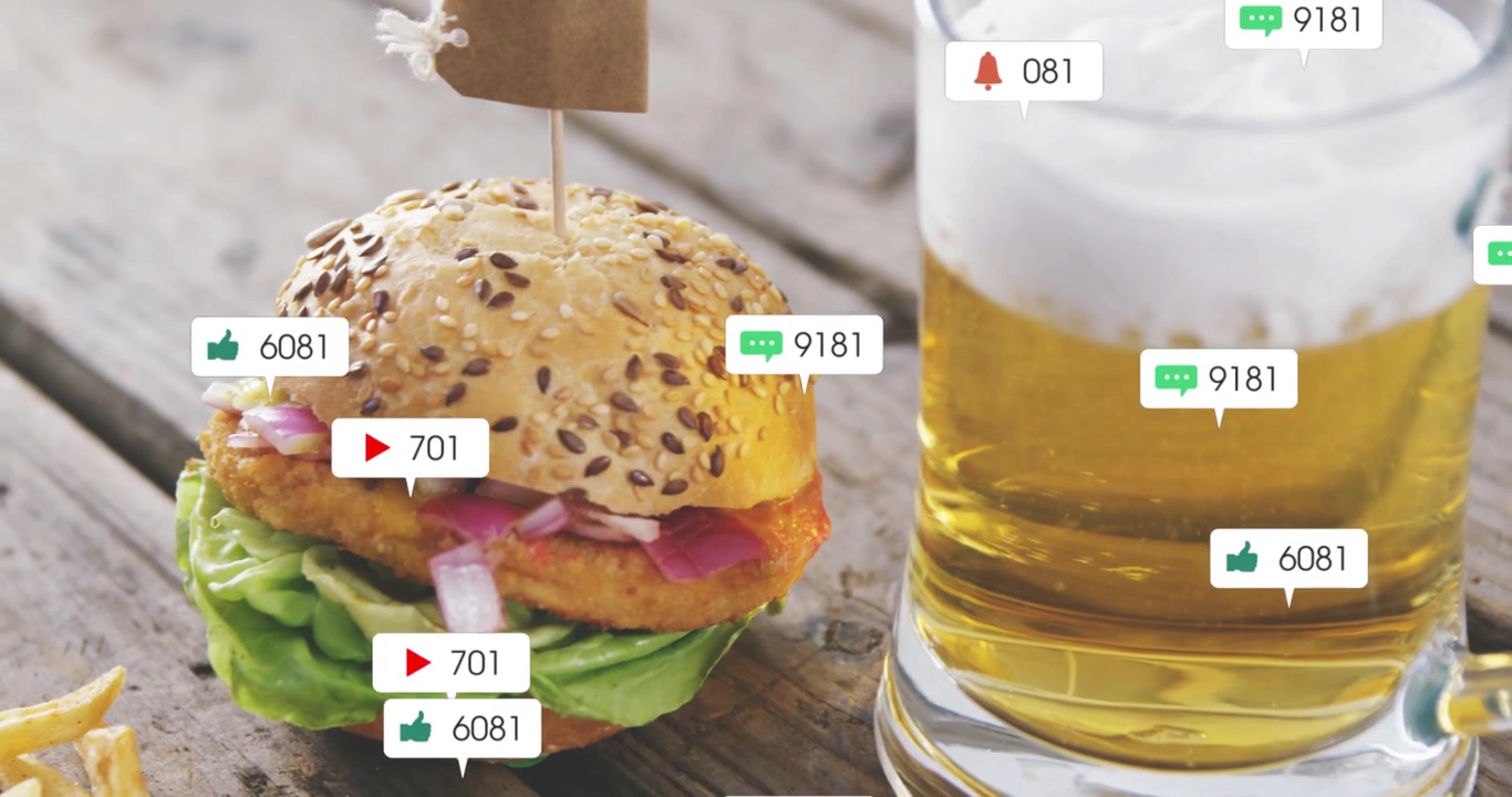 Notifications appearing, gathering around sandwich, beer while camera panning left showing buzz