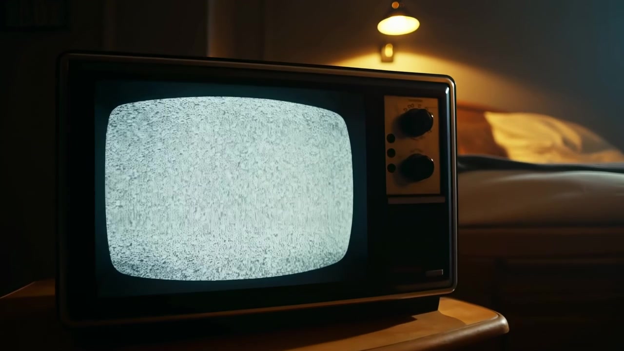 Close-up de uma televisão vintage de tubo de raios catódicos mostrando estática densa na tela arredondada, repousando sobre uma mesa de cabeceira de madeira ao lado de uma lâmpada quente, com roupa de cama amassada e arredores de quarto escuro e aconchegante.