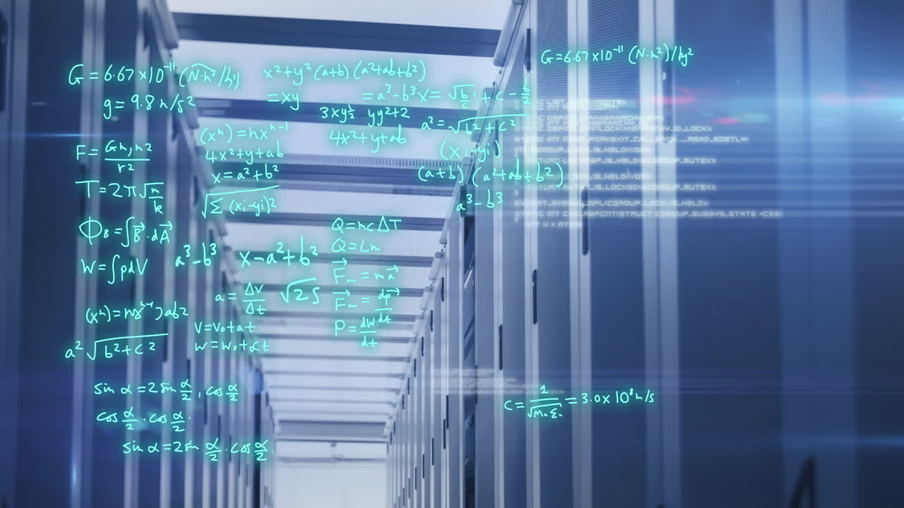 Animation of mathematical equations and data processing against computer server room