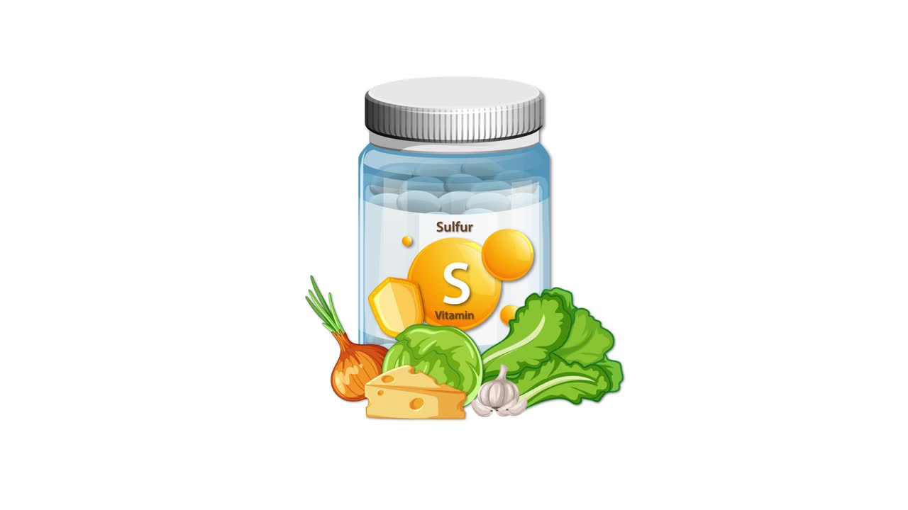 Vitamin sulfur supplement bottle animates as fresh vegetables appear around it on white background