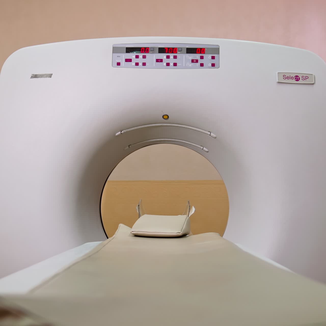 Computerized axial tomography scan. Magnetic resonance imaging machine in the hospital room with no people