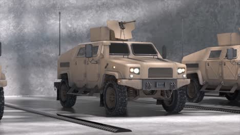 vehículos militares en un almacén