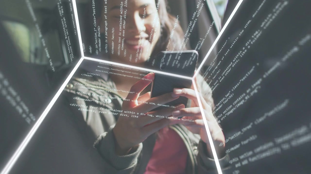 Woman tapping phone in vehicle, starting wireframe cube and scrolling code overlay, showing AR tech