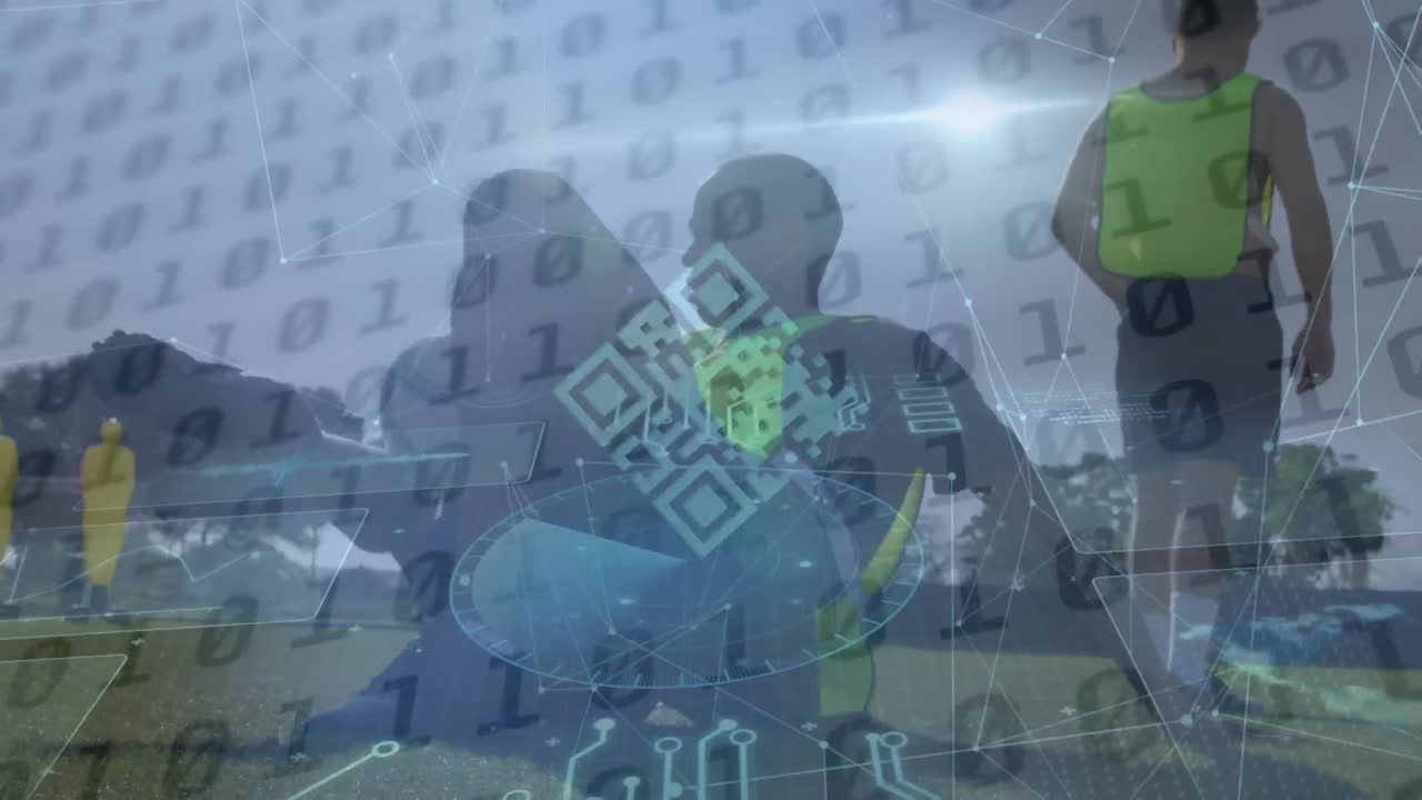 animación de procesamiento de datos y código qr sobre diversos jugadores de fútbol masculino.