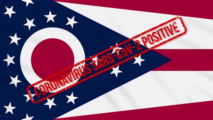 Ohio US state swaying flag stamped with positive response to COVID-19, loop