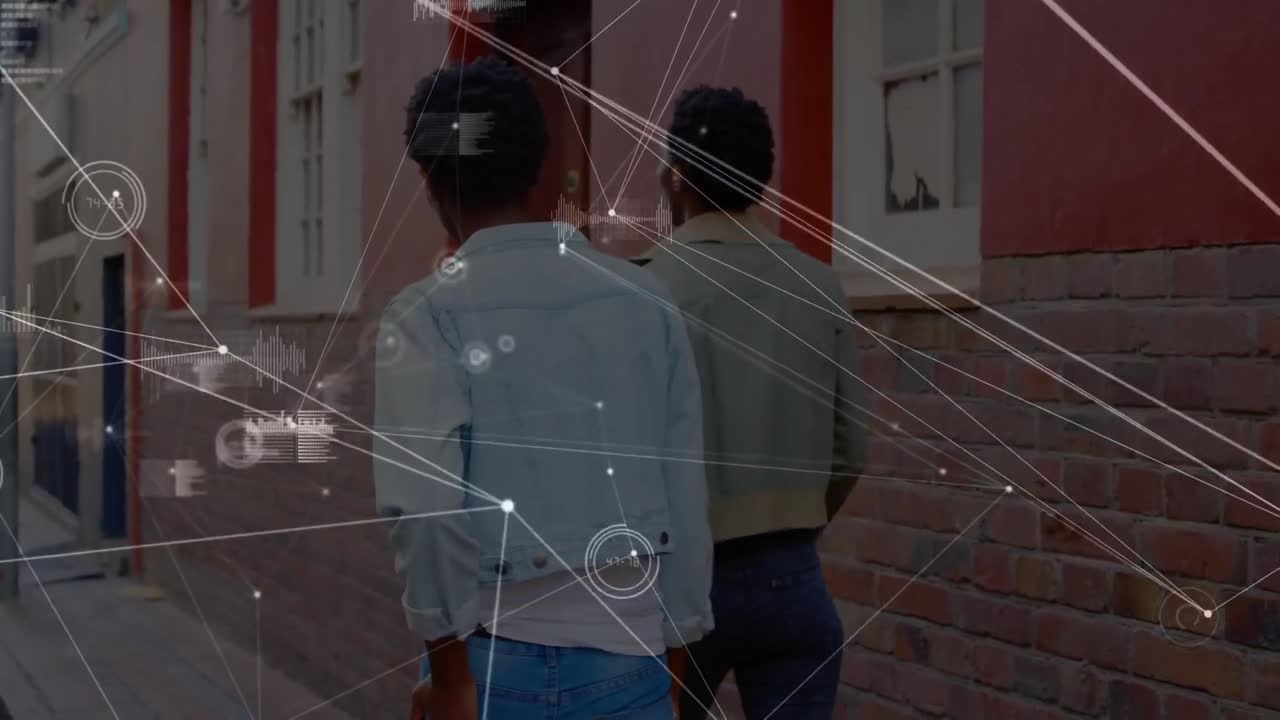 animación de conexiones sobre gemelos afroamericanos mujeres caminando por la calle