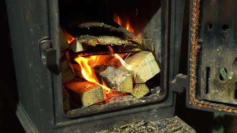 burning firewood in small metal fireplace for heating, close up view