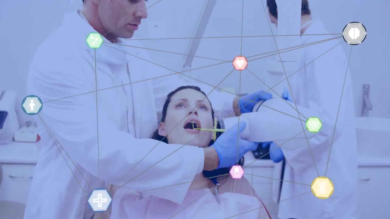 환자와 함께 백인 남성 치과의사에 대한 미디어 아이콘의 애니메이션