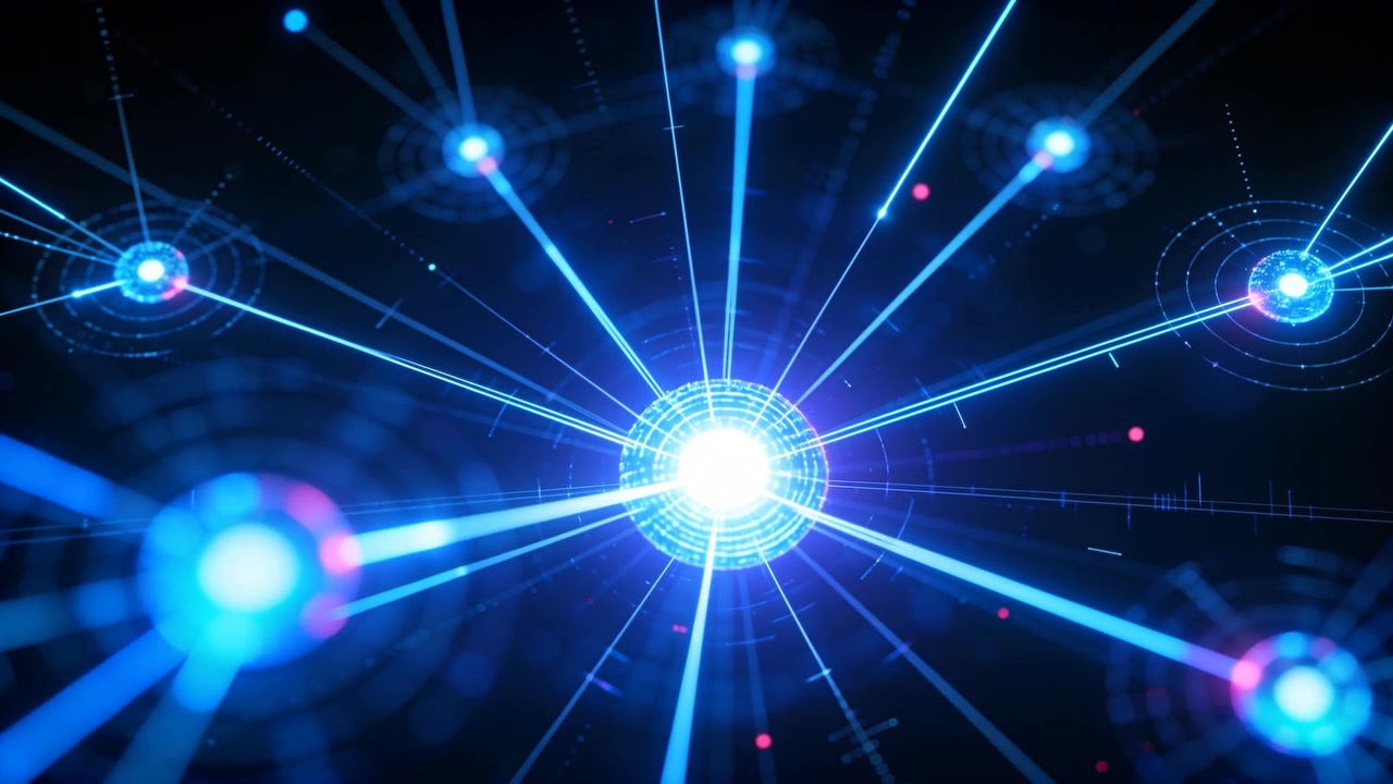 Pulsing central core sending radial beams to satellites across HUD, scattering magenta particles