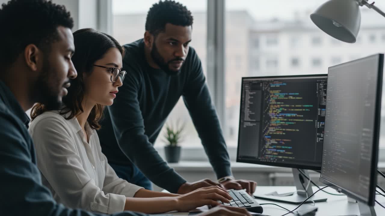 A collaborative coding session in a modern office, showcasing teamwork among three individuals as they focus on programming tasks and problem-solving together