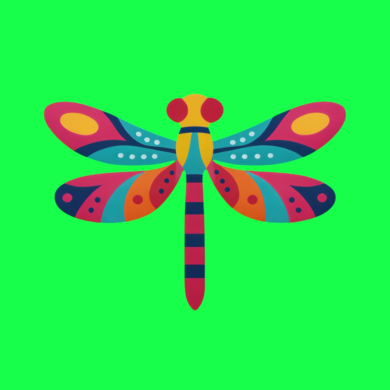 Colorful abstract dragonfly illustration animation, transparent 4K video, green screen