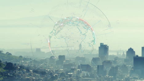 animation of numbers and lines around globe over aerial view fog covered modern city against sky