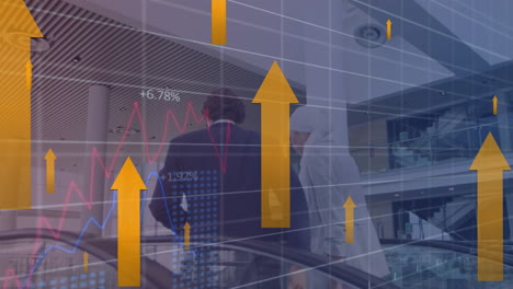 Animation-of-arrows,-graphs-with-changing-numbers,-diverse-coworkers-using-escalator