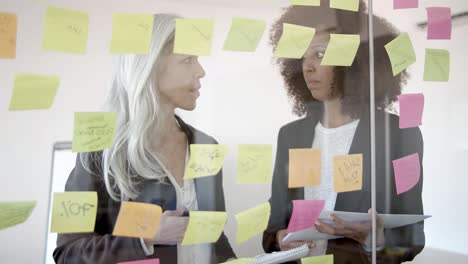 Cheerful-female-business-colleagues-working-on-tasks