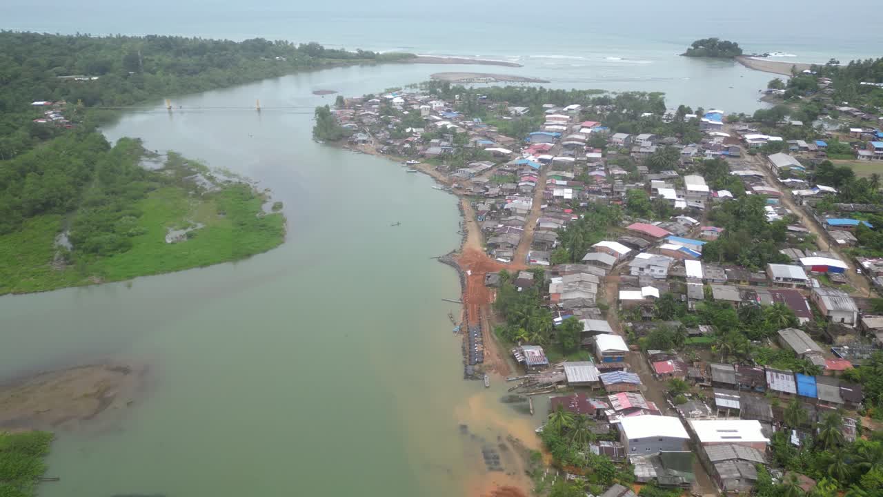 Aerial view of El Valle near Bahía Solano in the Chocó Department on the lush Pacific Coast of Colombia, showing the effects of human interference on nature by straightening the river