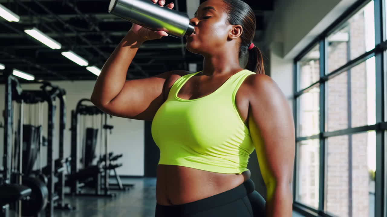 mujer bebiendo agua en el gimnasio