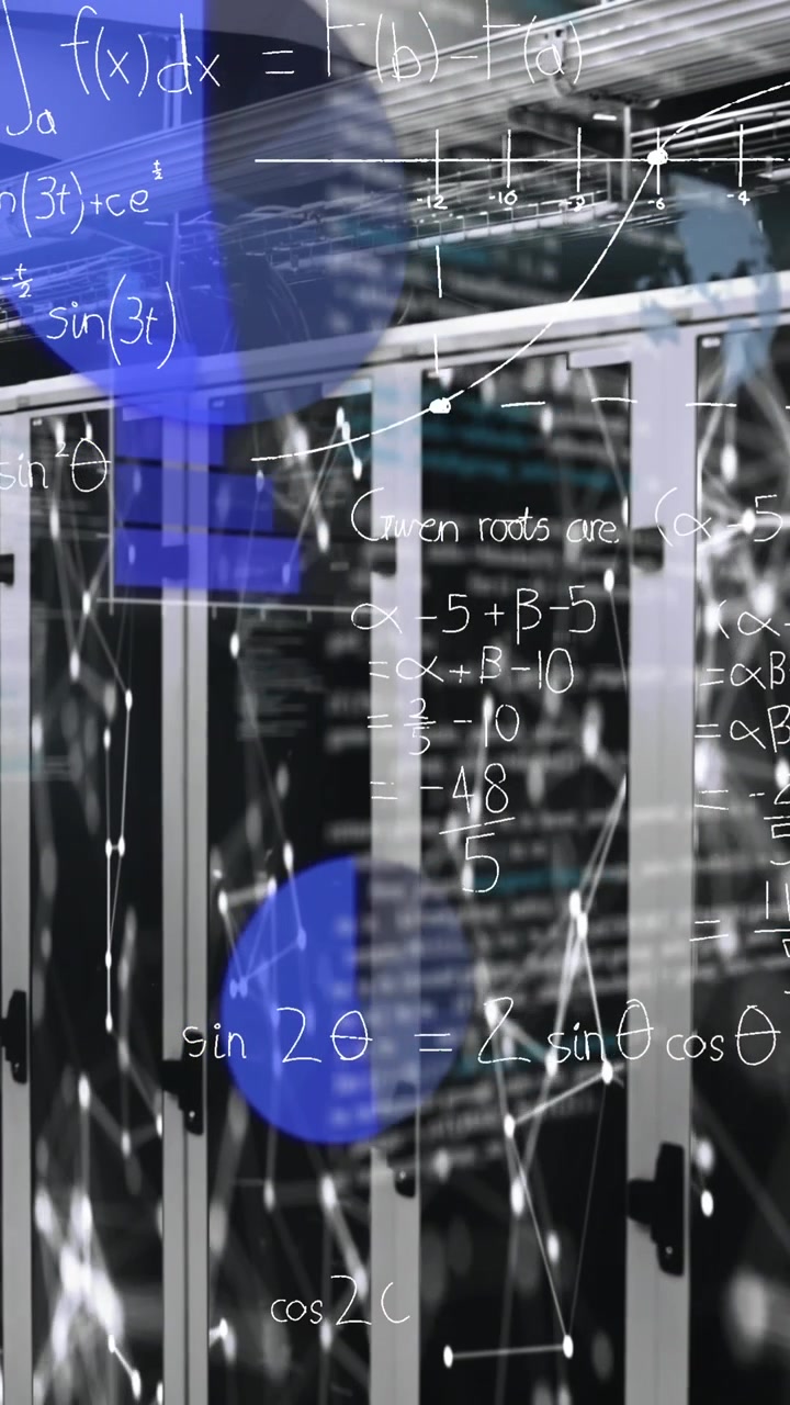 Animation of dots connected with lines, lens flare and infographic interface over server room