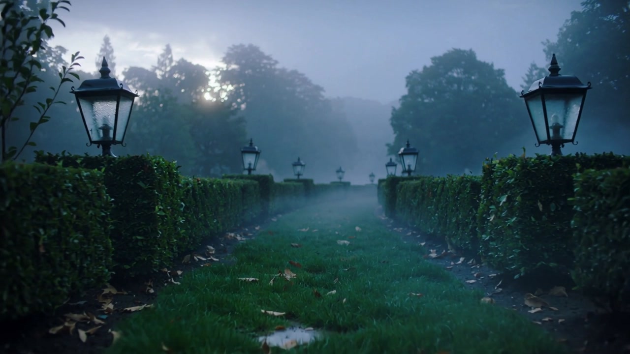 Tracking low camera moving forward down central grassy walkway at estate showing lanterns and trees