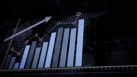 rising blue bar graph and dotted world map
