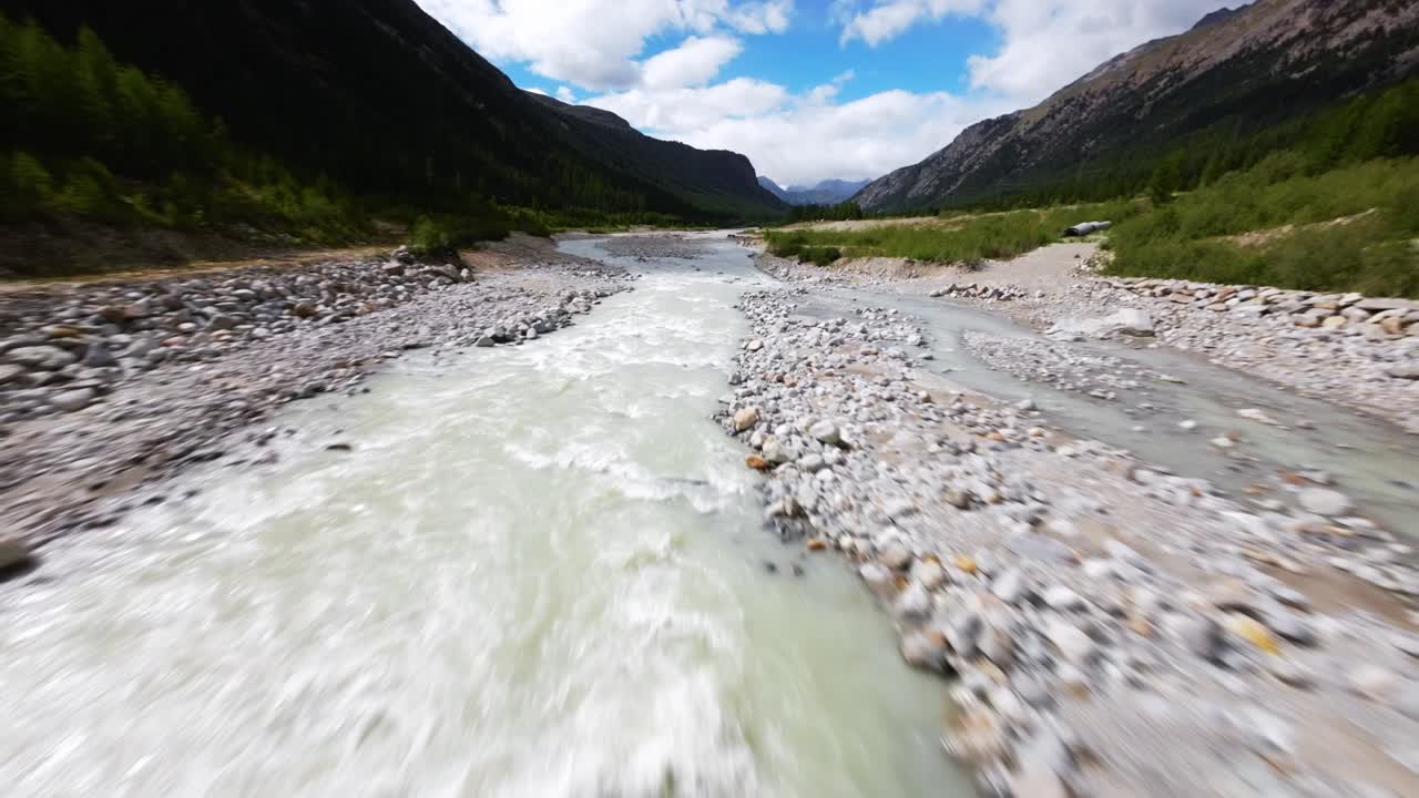 FPV drone views of Switzerland river and mountains, serene and adventurous