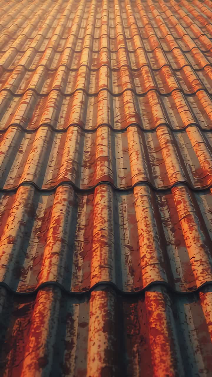 Vertical video: Tilting phone revealing corrugated roof panels on rooftop, showing rust streaks