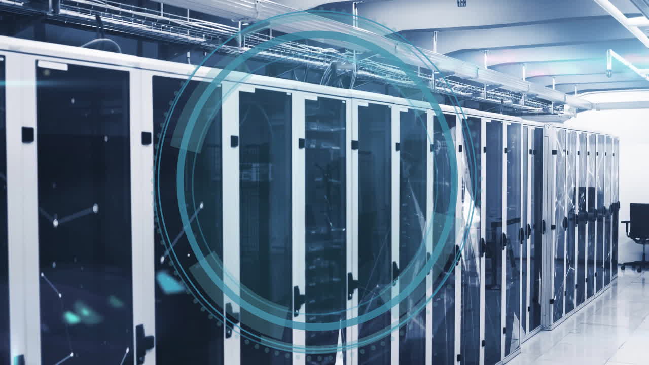 Animation of shield icon and digital data processing over computer servers