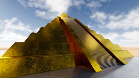 golden stepped pyramid in a desert landscape