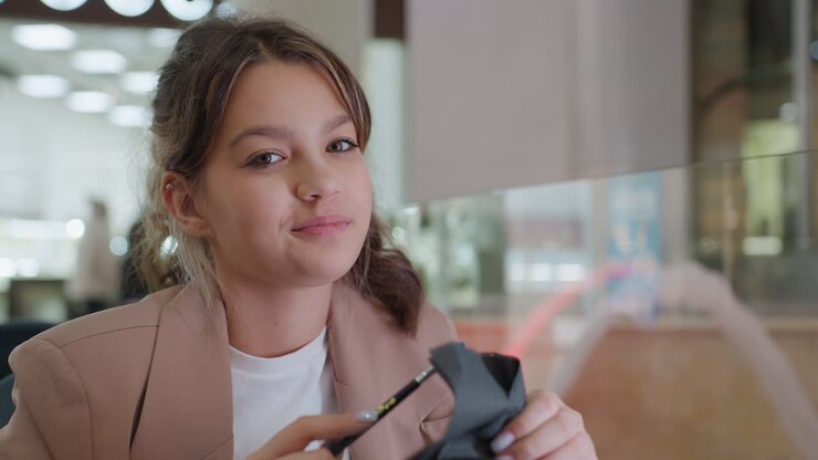 happy girl unboxing, cheerful young woman excitedly examines new makeup item at shopping mall, joyful female shopper shows delighted expression while unveiling recent beauty purchase in mall