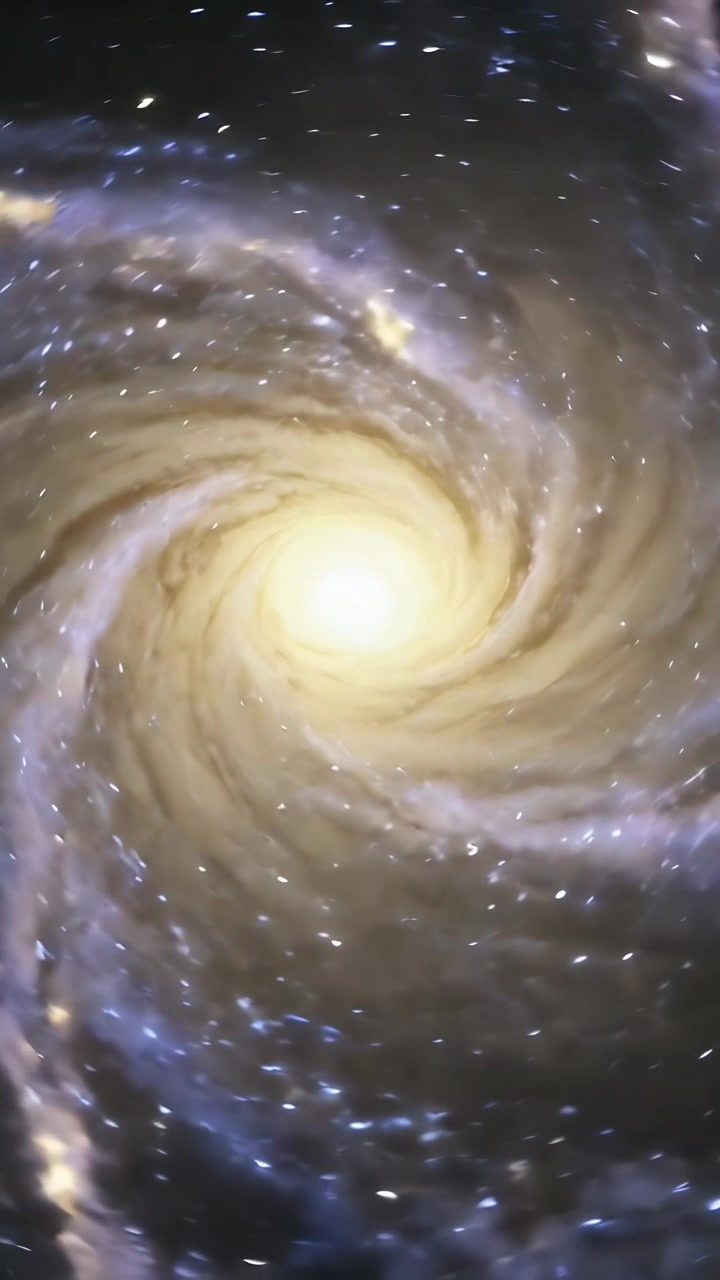Vertical video: Zooming in spiral galaxy rotating sweeping knots to core showing nucleus in space