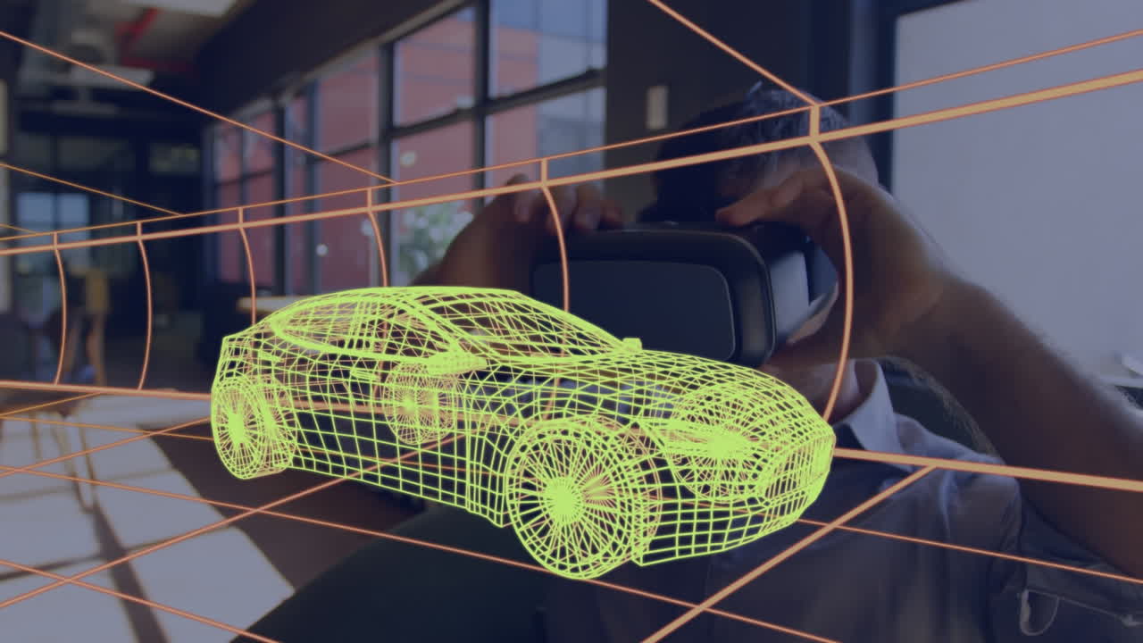 анимация цифрового 3d-рисунка машины над человеком с помощью vr-гарнитуры