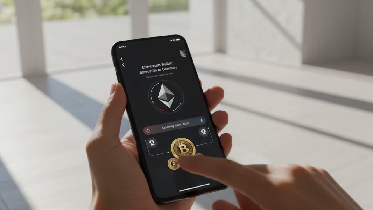 Exploring Cryptocurrency: A User Interaction with Digital Wallets for Ethereum and Bitcoin on a Mobile Device in a Bright, Modern Environment