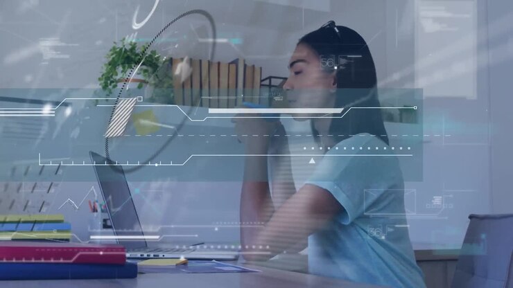 Animation of scope scanning and data processing over woman using laptop