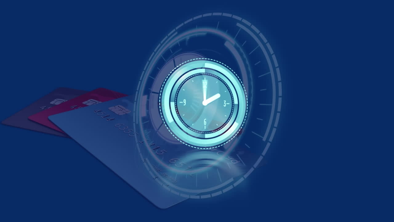 Animation of clock moving fast over credit cards