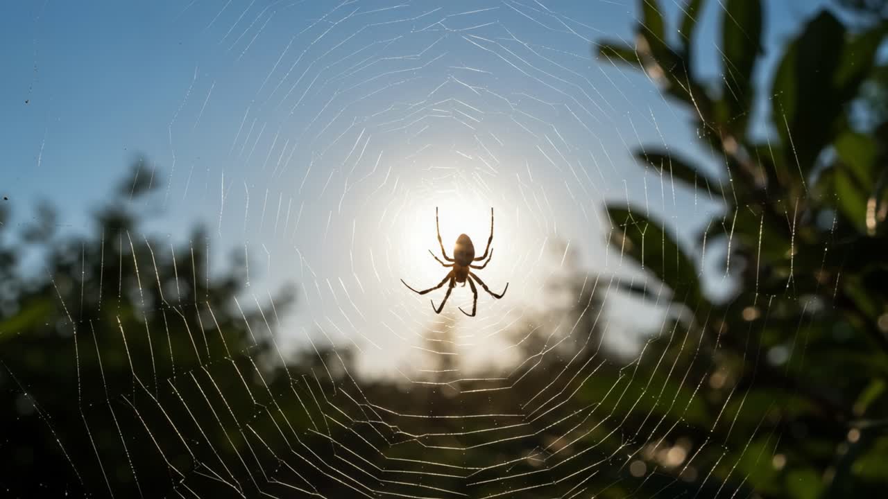 A Stunning Close-Up of a Spider Hanging in Its Web Against a Radiant Sunrise, Capturing the Intricate Details of Nature's Web-Building Artistry