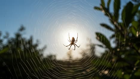 a stunning close-up of a spider hanging in its web against a radiant sunrise, capturing the intricate details of nature's web-building artistry