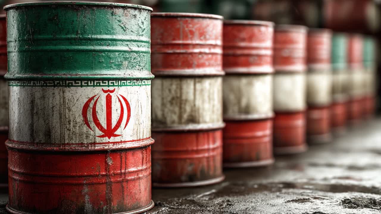 Stapel verwitterter Ölfässer, die Nationalfarben und Embleme zeigen und das Energiemanagement sowie die Dynamik des globalen Handels symbolisieren.