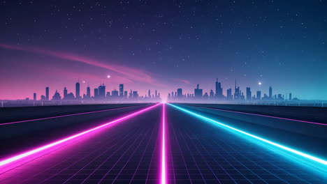 neon cyberpunk cityscape at night with glowing road