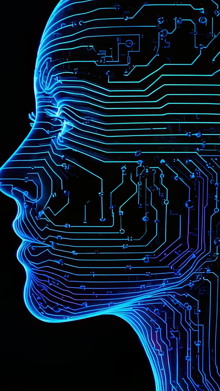 Vertical video: Pulsing nodes driving neon traces across digital head in dark void, mapping signals