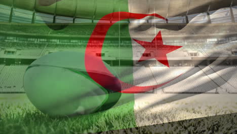 Animación-De-La-Bandera-Ondeante-De-Argelia-Sobre-El-Estadio-Con-Pelota-De-Rugby.