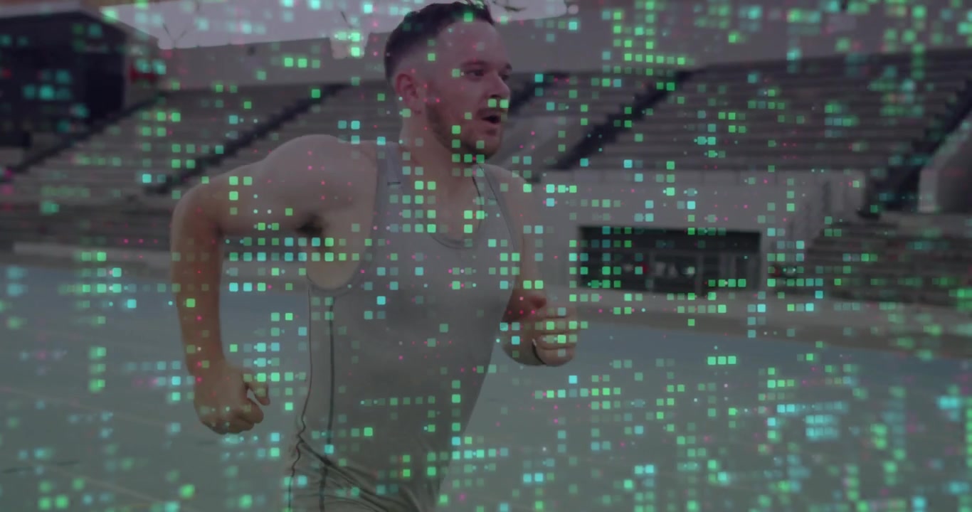 Runner starting running on track and generating streaming data overlay for fitness tracking