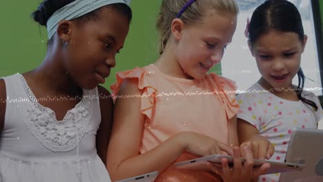 animation of graphs and financial data over diverse girls using tablet in classroom