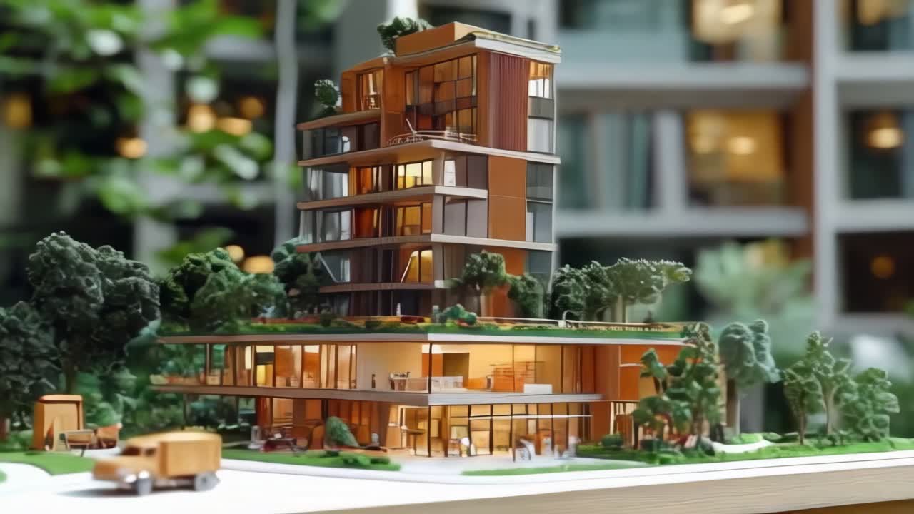En model af bæredygtige lejlighedsbygninger med grønt tag og altan