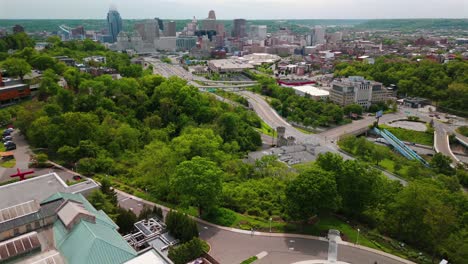 aerial approach of downtown cincinnati ohio, over the cincinnati art museum.