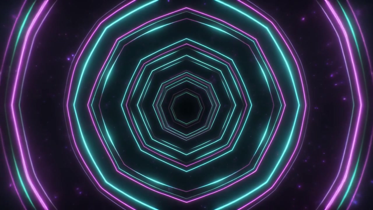 Túnel de Octógono de Néon Abstrato com Partículas de Luz Brilhantes
