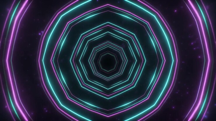 Túnel de Octógono de Néon Abstrato com Partículas de Luz Brilhantes