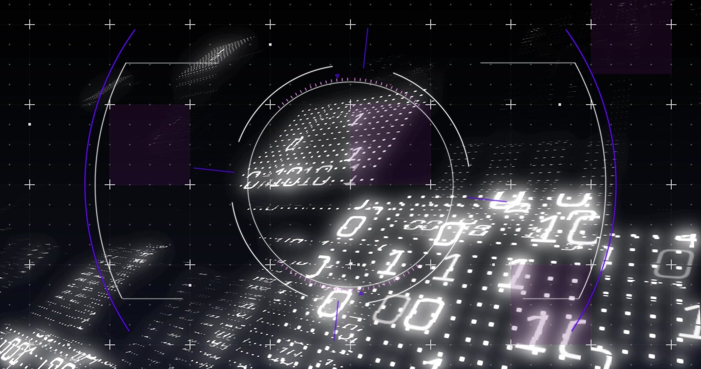 Zoom starting, HUD reticle scanning and rings turning while binary tiles drifting for data lock