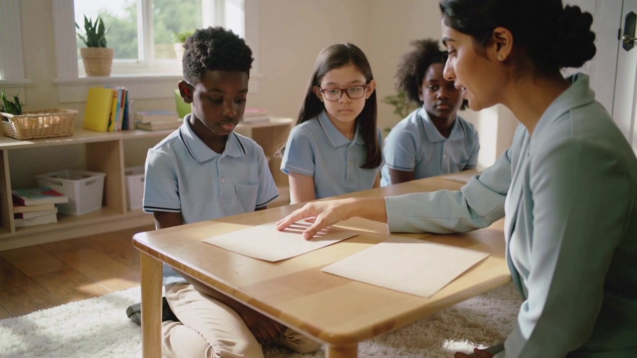 Placing papers teacher in blazer sliding and tapping sheets on low table assigning sheet to boy